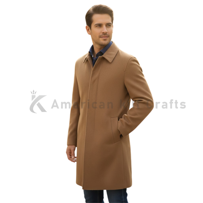 Men’s Wool Blend Overcoat Tan Camel - Single Breasted Winter Coat with Fold Down Collar - Classic Formal Outerwear