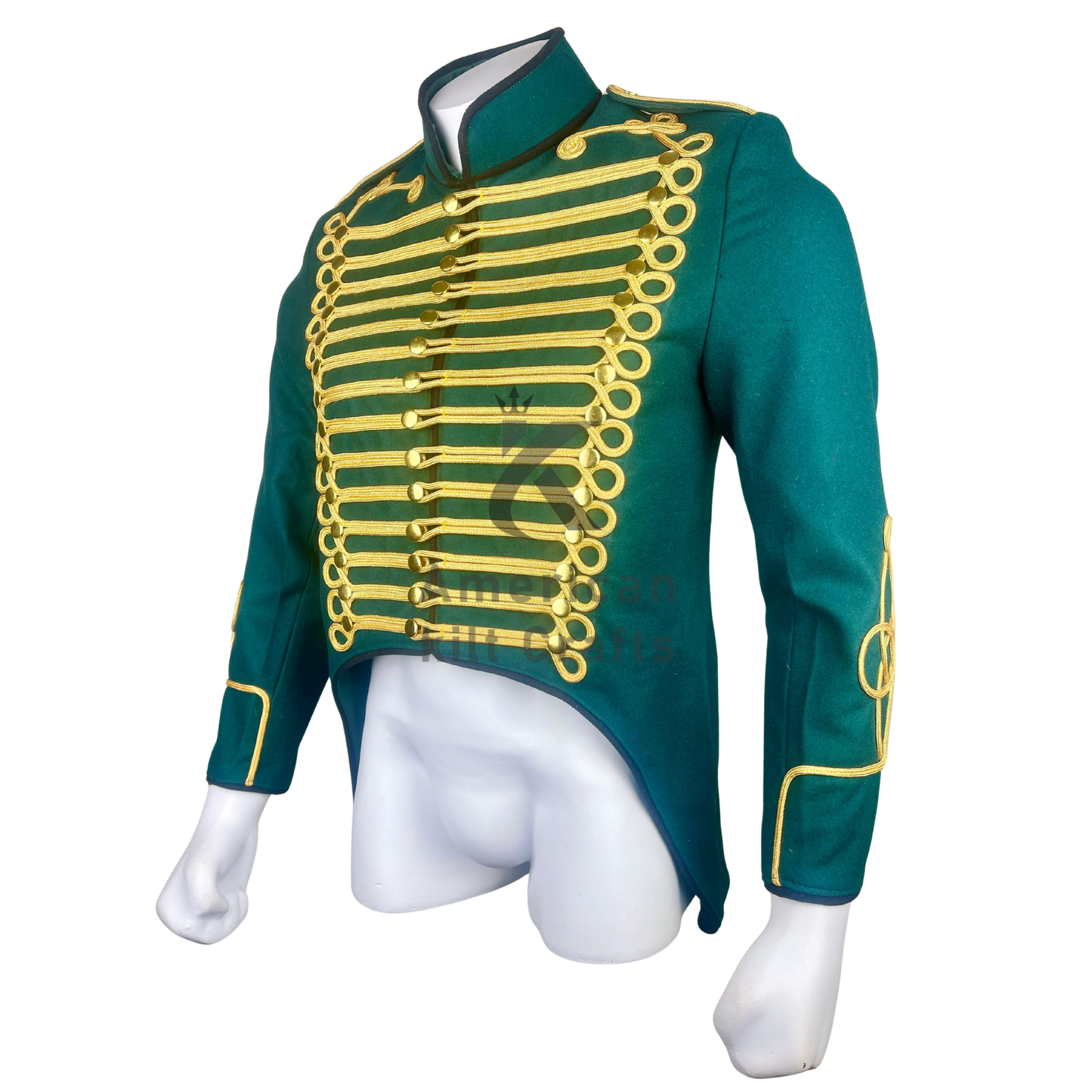 Men’s Green Hussar Tailcoat Jacket | Military Parade Tunic with Gold Braid | Vintage Marching Band & Historical Costume