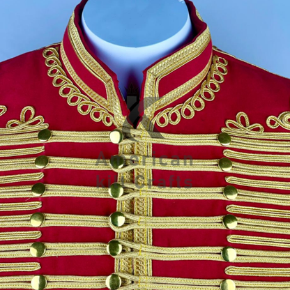Men’s Red Hussar Jacket – Napoleonic Military Costume with Elaborate Gold Braiding