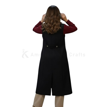 Handmade Wool Maxi Vest – Sleeveless Longline Black Trench Waistcoat for Women