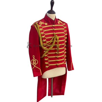 Men’s Red British Hussar Tailcoat – Military Officer Jacket, Steampunk Parade Coat, Victorian Uniform Costume
