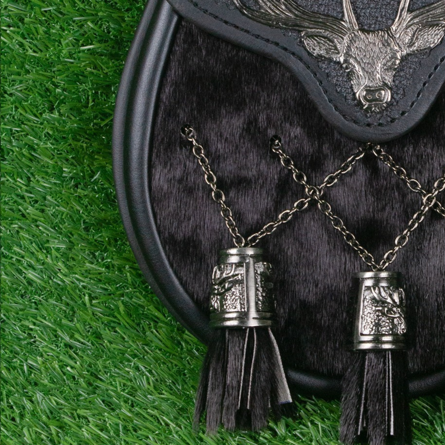 Highland Black Fur Sporran with Stag Emblem – Celtic Kilt Accessory