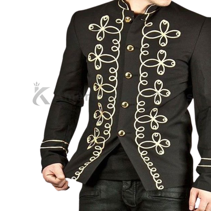 Men's Black Napoleon Military Jacket with Handmade Gold Embroidery & Silver Buttons |fancy uniform