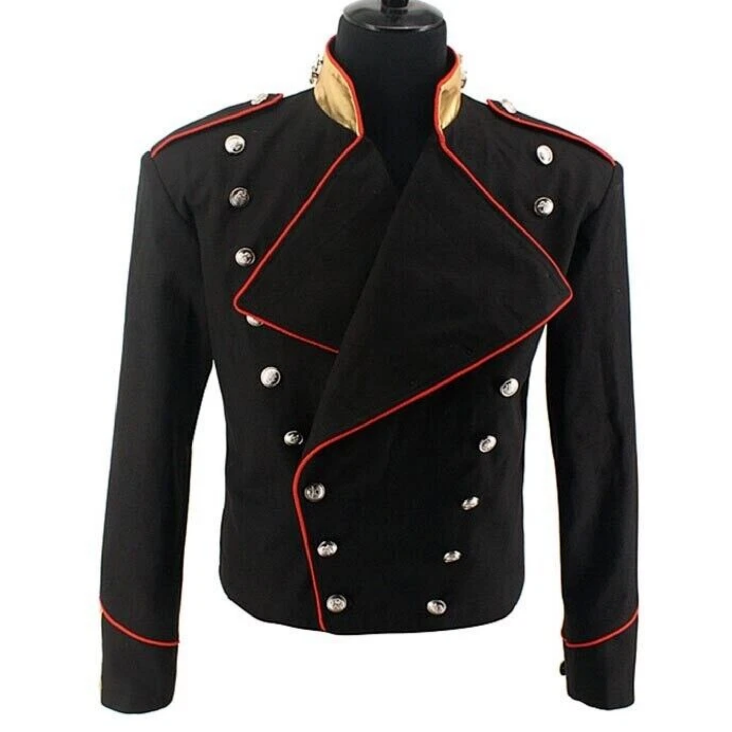Men's New Michael Jackson Inspired Red Trimming Military Black Wool Jacket