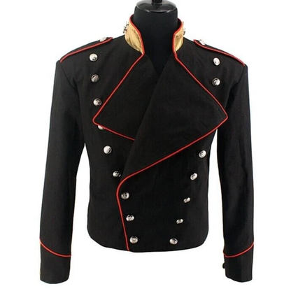 Men's New Michael Jackson Inspired Red Trimming Military Black Wool Jacket