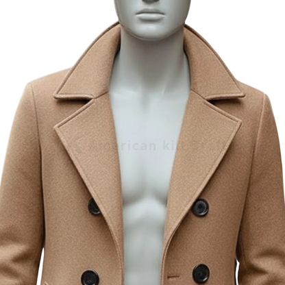 Men’s Classic Camel Wool Overcoat – Double-Breasted Knee-Length Winter Coat