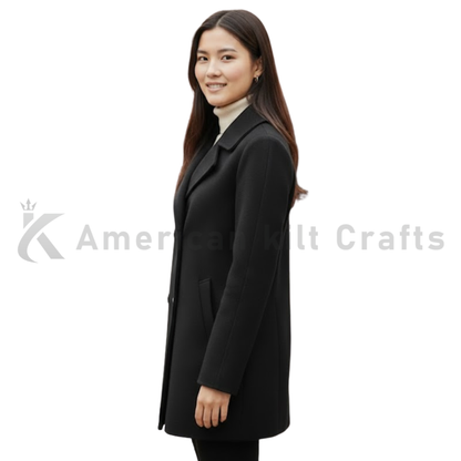 Women’s Black Double Breasted Wool Coat - Classic Pea coat Overcoat | Knee Length Winter Outerwear