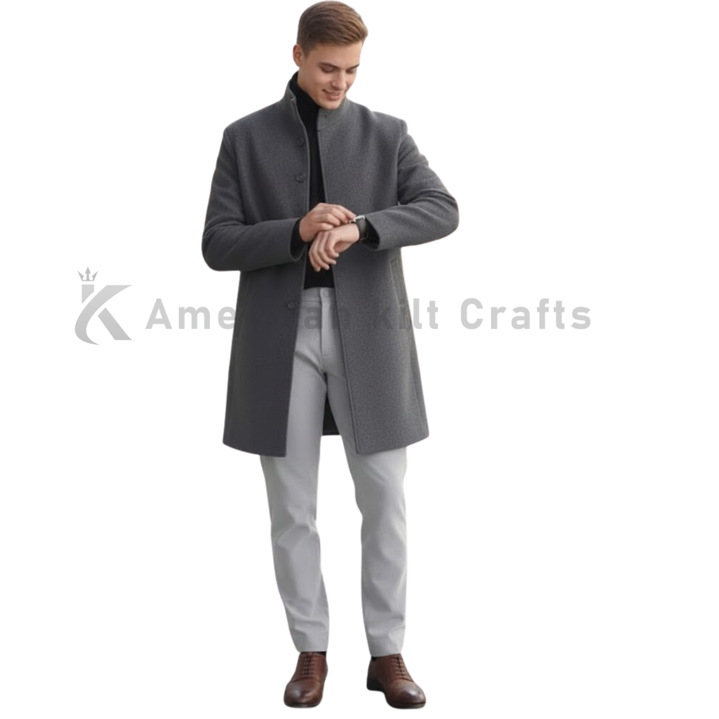 Men's High Collar Grey Wool Overcoat - Winter Wear Dark Academia Long Jacket