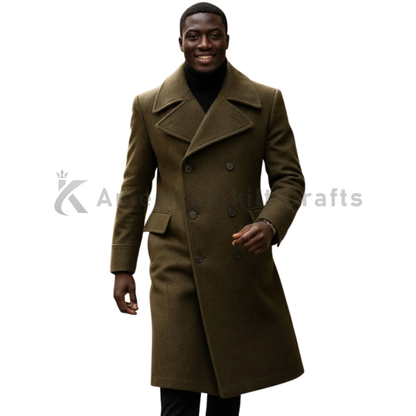 Men's Olive Green Wool Greatcoat | Double Breasted Long Military Style - Winter Overcoat