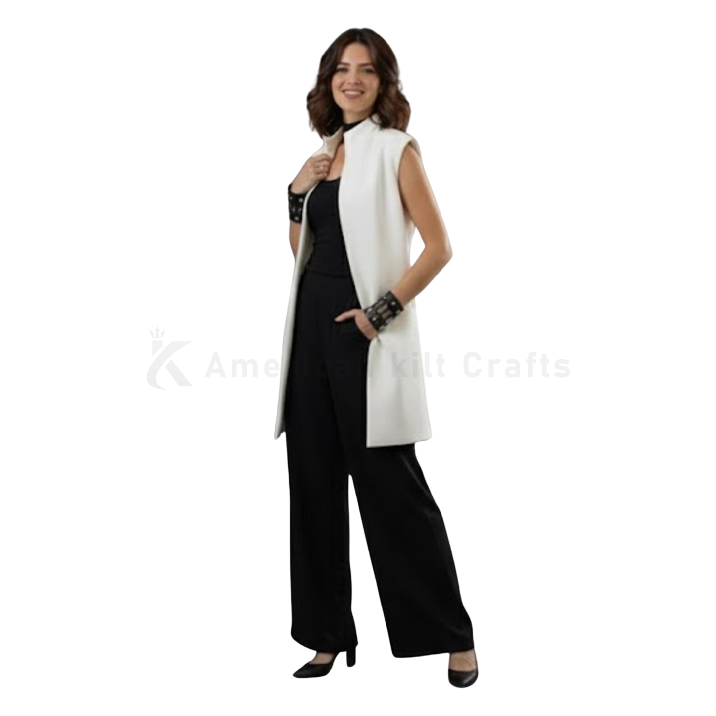 Women’s Wool Sleeveless Coat – Collarless Longline Vest, Above Knee Length
