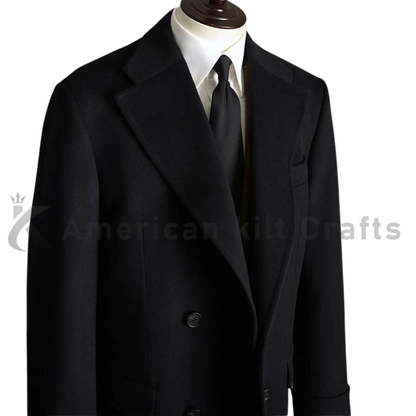 Men’s Classic Black Greatcoat - Heavyweight Double-Breasted Winter Overcoat