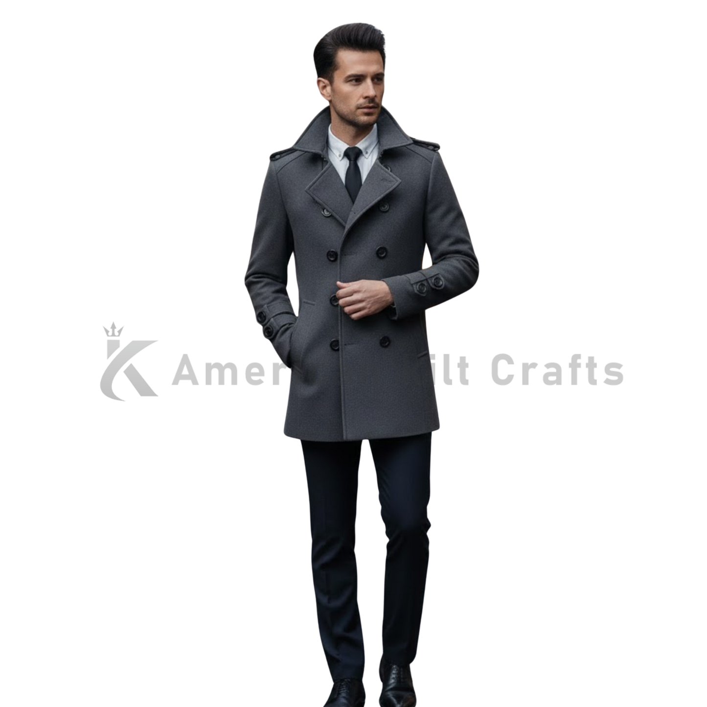 Men's Double-Breasted Grey Wool Blend Overcoat - Lapel Collar Winter Jacket
