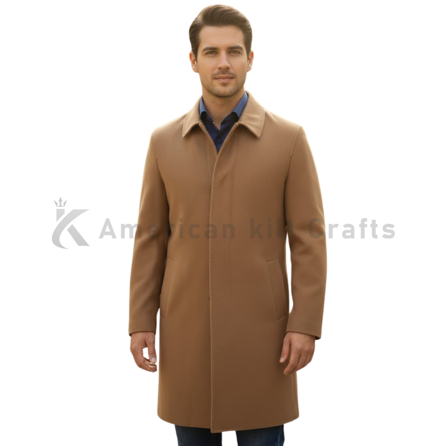 Men’s Wool Blend Overcoat Tan Camel - Single Breasted Winter Coat with Fold Down Collar - Classic Formal Outerwear