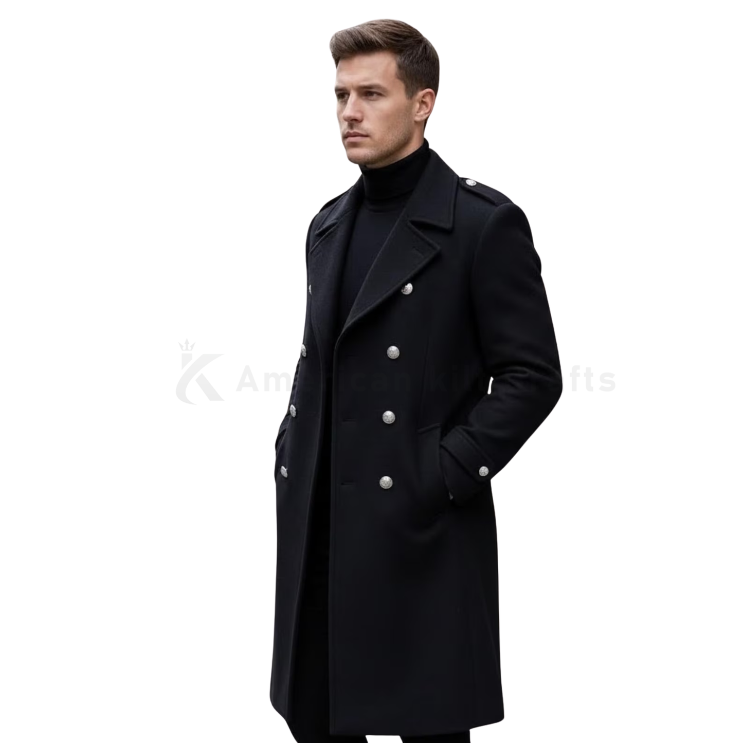 Men’s Black Wool Blend Military Overcoat – Double Breasted Long Trench Coat