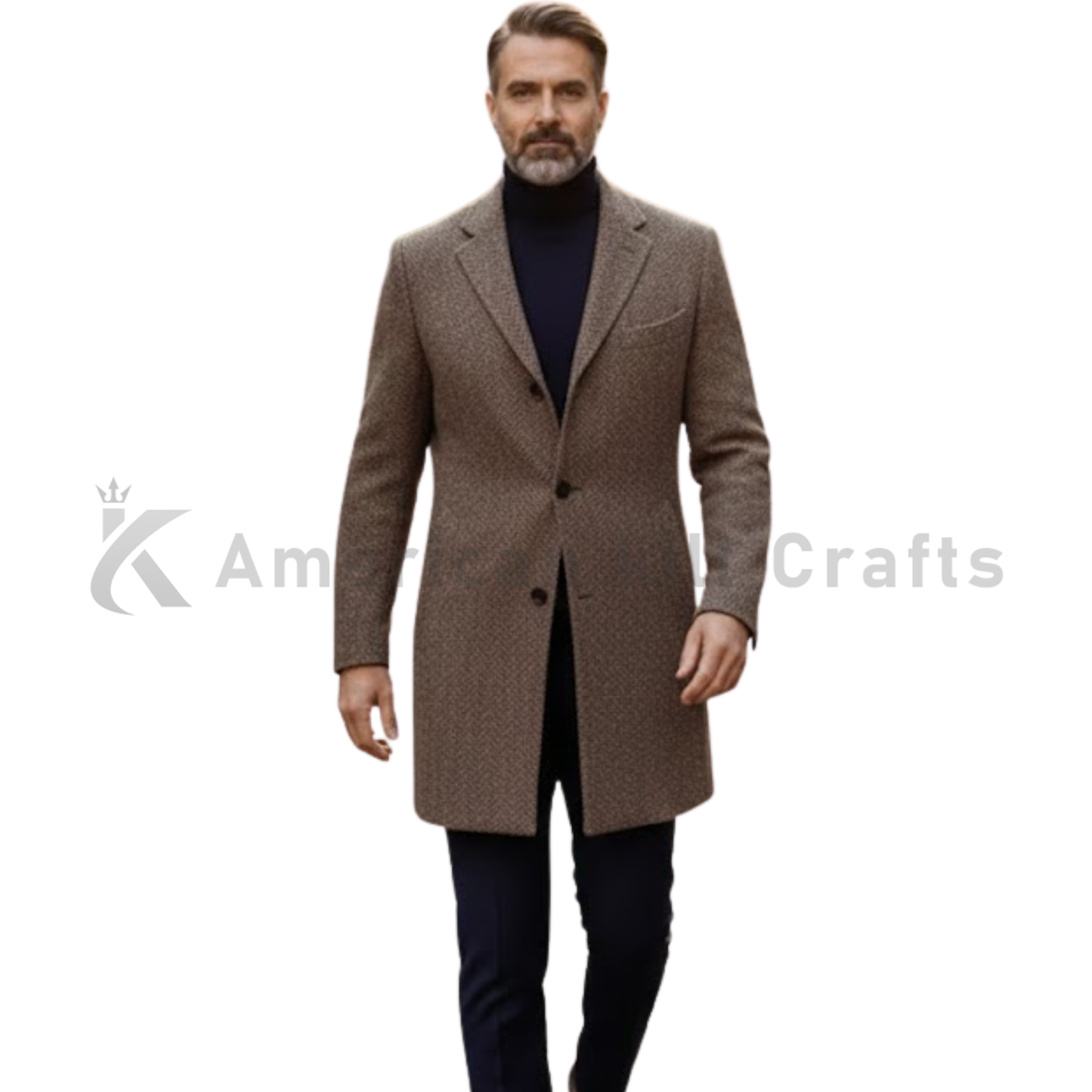 Men’s Single Breasted Wool Cashmere Blend Coat - Tweed Jersey Overcoat