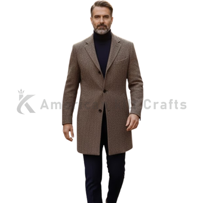 Men’s Single Breasted Wool Cashmere Blend Coat - Tweed Jersey Overcoat