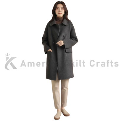 Women’s Double Breasted Long Pea Coat - Wool Blend Winter Overcoat