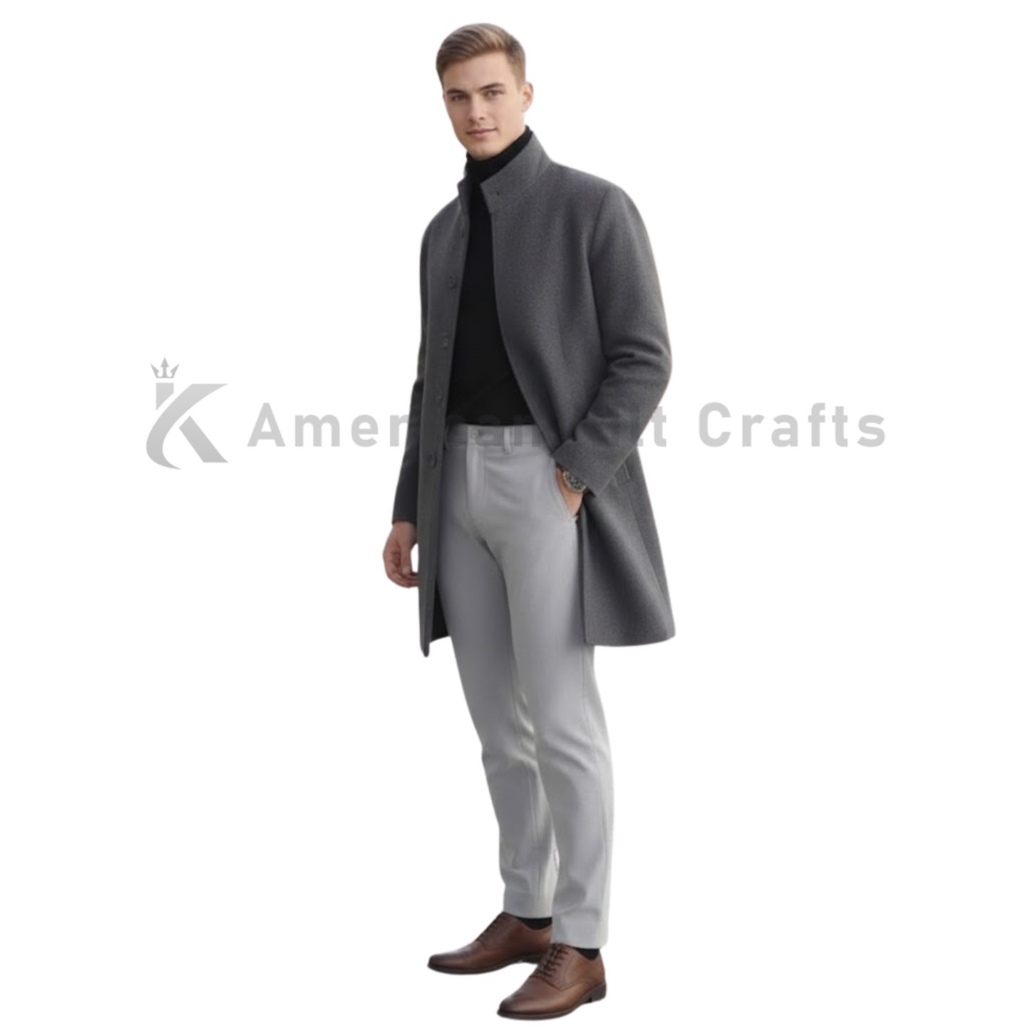 Men's High Collar Grey Wool Overcoat - Winter Wear Dark Academia Long Jacket