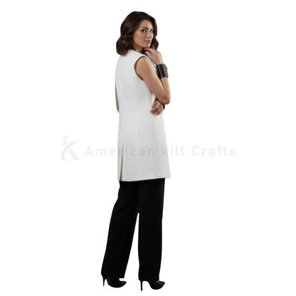 Women’s Wool Sleeveless Coat – Collarless Longline Vest, Above Knee Length