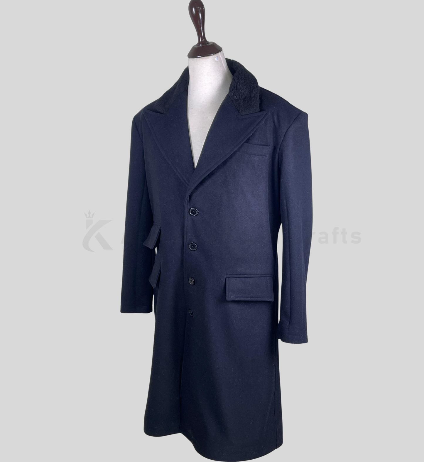 Men’s Dark Blue Wool Long Overcoat | Classic Chesterfield Style Winter Coat
