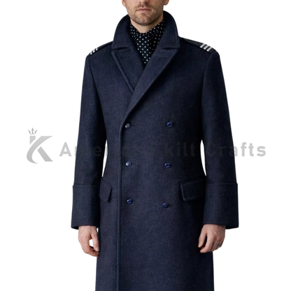 Men's Blue Wool Pea Coat - Classic Vintage Style Military Overcoat