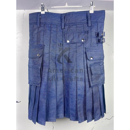 Men’s Blue Denim Utility Kilt – Modern Casual Jean Kilt with Side Pockets – Stylish Denim Workwear Kilt for Men
