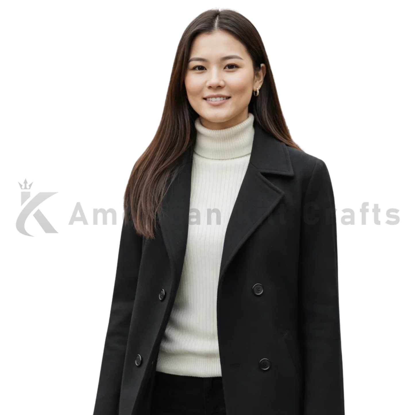 Women’s Black Double Breasted Wool Coat - Classic Pea coat Overcoat | Knee Length Winter Outerwear