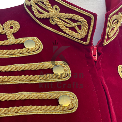Men’s Red Velvet Military Hussar Jacket | Gold Braided Parade Uniform | Vintage Officer Band Jacket Coat