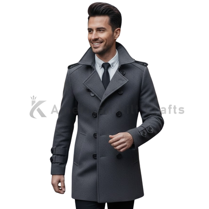 Men's Double-Breasted Grey Wool Blend Overcoat - Lapel Collar Winter Jacket