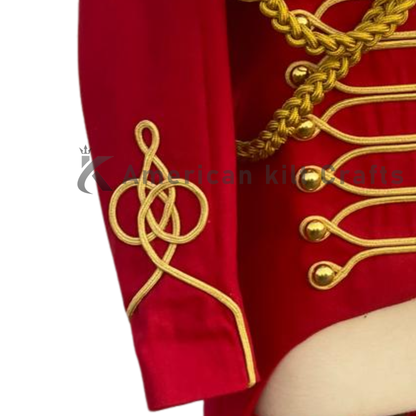 Men’s Red British Hussar Tailcoat – Military Officer Jacket, Steampunk Parade Coat, Victorian Uniform Costume