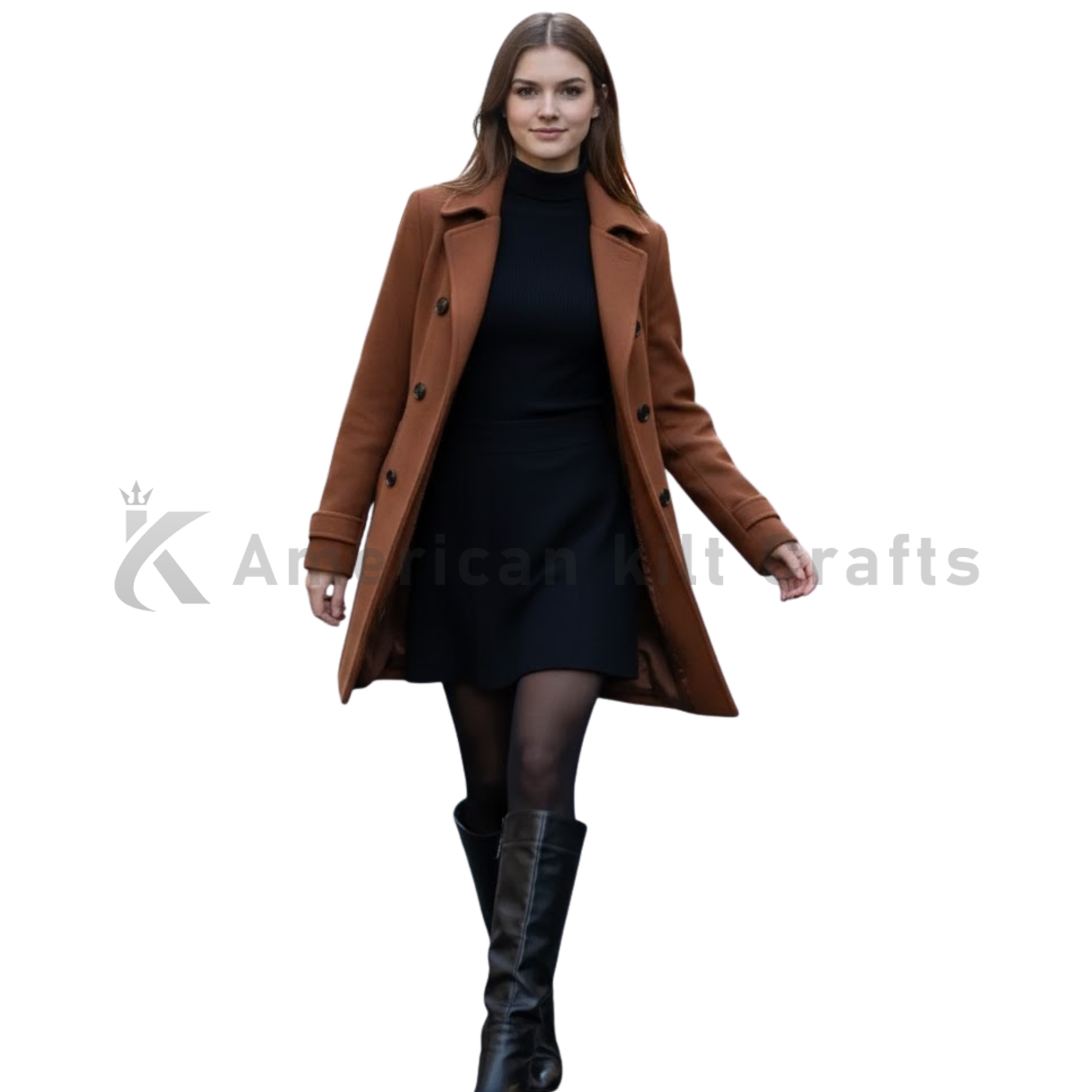 Women's Double-Breasted Wool Blend Trench Coat - Brown Pea Coat with Belt Winter Outerwear