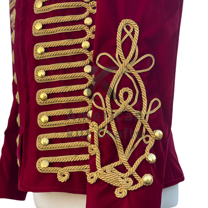 Men’s Red Velvet Military Hussar Jacket | Gold Braided Parade Uniform | Vintage Officer Band Jacket Coat