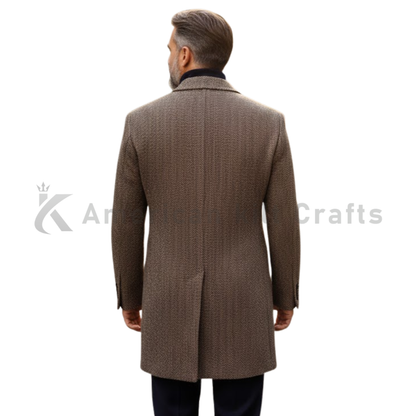 Men’s Single Breasted Wool Cashmere Blend Coat - Tweed Jersey Overcoat