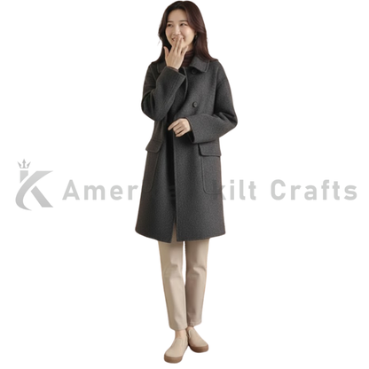 Women’s Double Breasted Long Pea Coat - Wool Blend Winter Overcoat