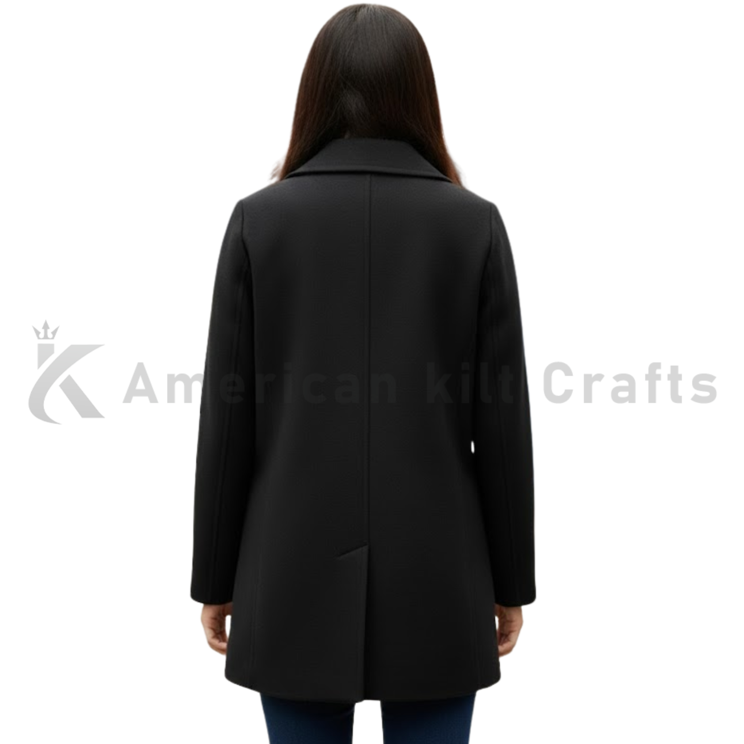 Women’s Black Double Breasted Wool Coat - Classic Pea coat Overcoat | Knee Length Winter Outerwear