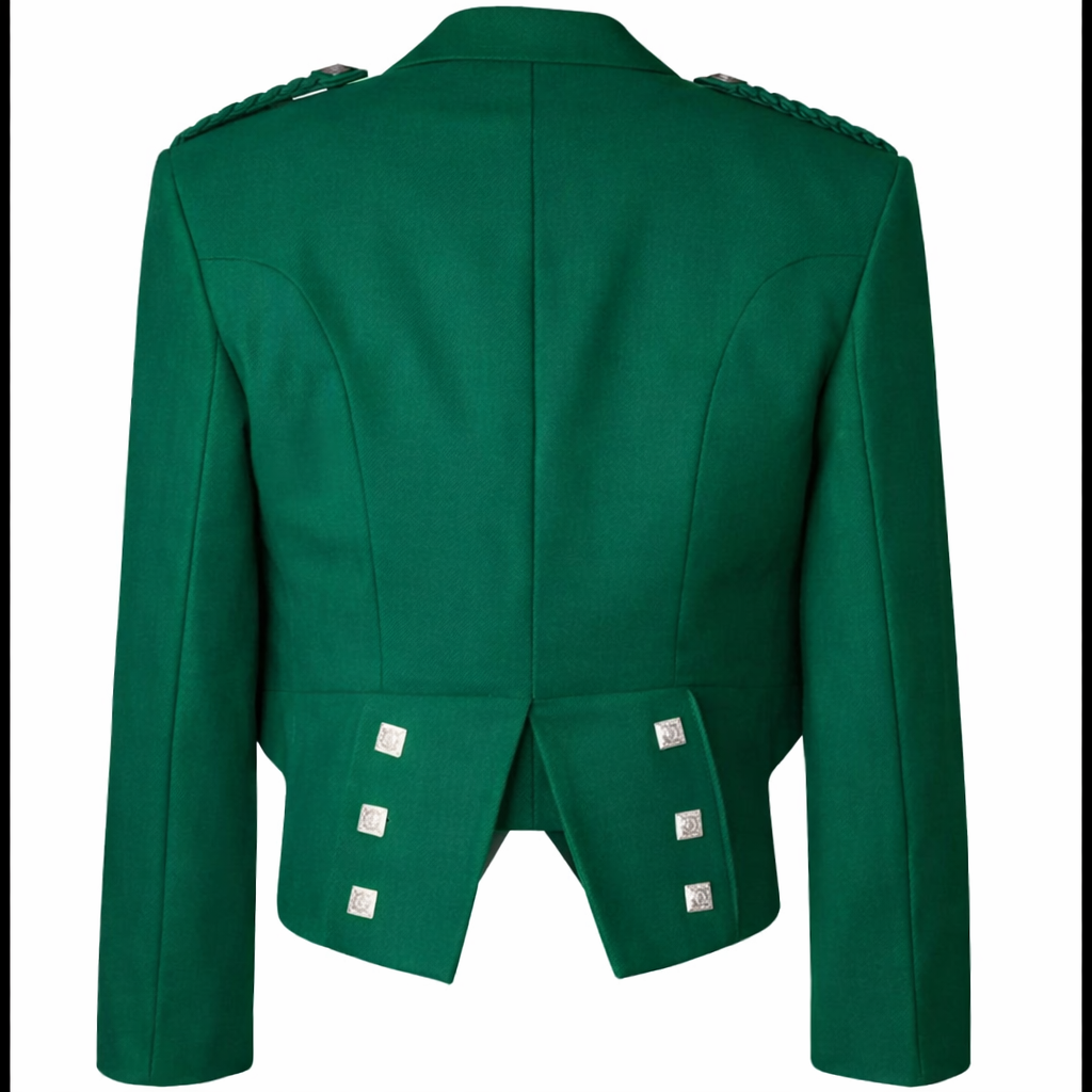 Back view of men’s premium green Prince Charlie jacket with matching waistcoat showing tailored fit, notch lapels, and decorative buttons
