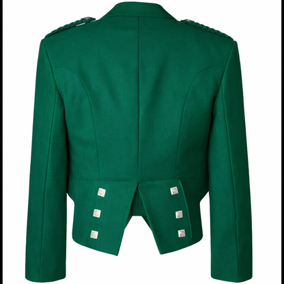 Back view of men’s premium green Prince Charlie jacket with matching waistcoat showing tailored fit, notch lapels, and decorative buttons
