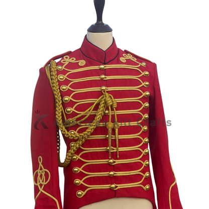 Men’s Red British Hussar Tailcoat – Military Officer Jacket, Steampunk Parade Coat, Victorian Uniform Costume
