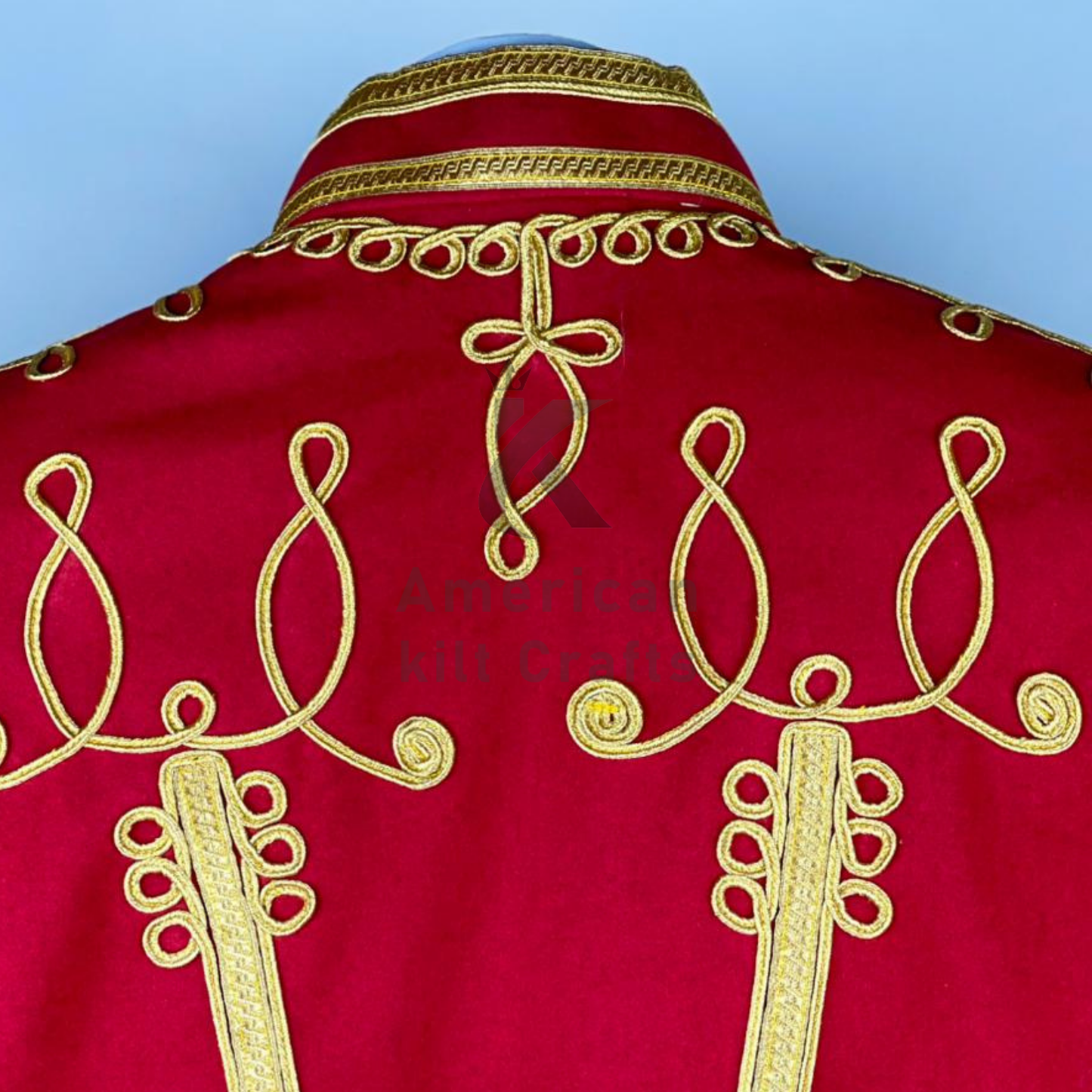Men’s Red Hussar Jacket – Napoleonic Military Costume with Elaborate Gold Braiding