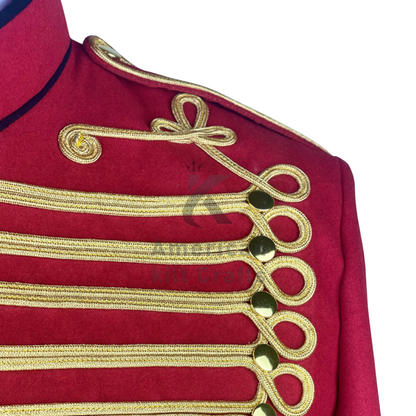 Red British Hussar Tailcoat Jacket – Men’s Military Officer Steampunk Uniform Coat with Gold Braid