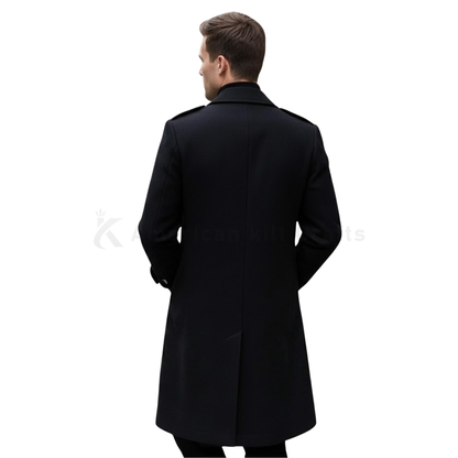 Men’s Black Wool Blend Military Overcoat – Double Breasted Long Trench Coat