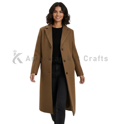 Women's Camel Wool Blend Long Coat - Single Breasted Classic Overcoat | Winter Brown Coat Custom Made