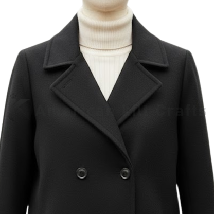 Women’s Black Double Breasted Wool Coat - Classic Pea coat Overcoat | Knee Length Winter Outerwear