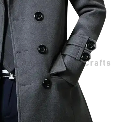 Men's Double-Breasted Grey Wool Blend Overcoat - Lapel Collar Winter Jacket