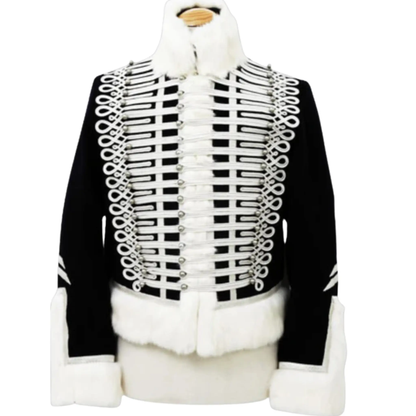 7th Light Dragoon Hussar Pelisse front view, black British Hussar military jacket with white fur trim