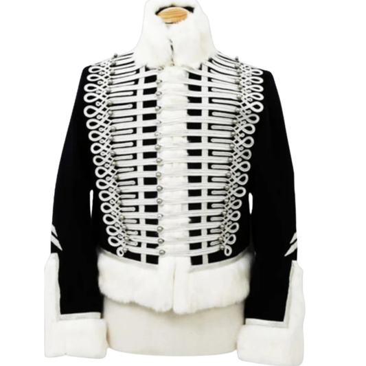 7th Light Dragoon Hussar Pelisse front view, black British Hussar military jacket with white fur trim