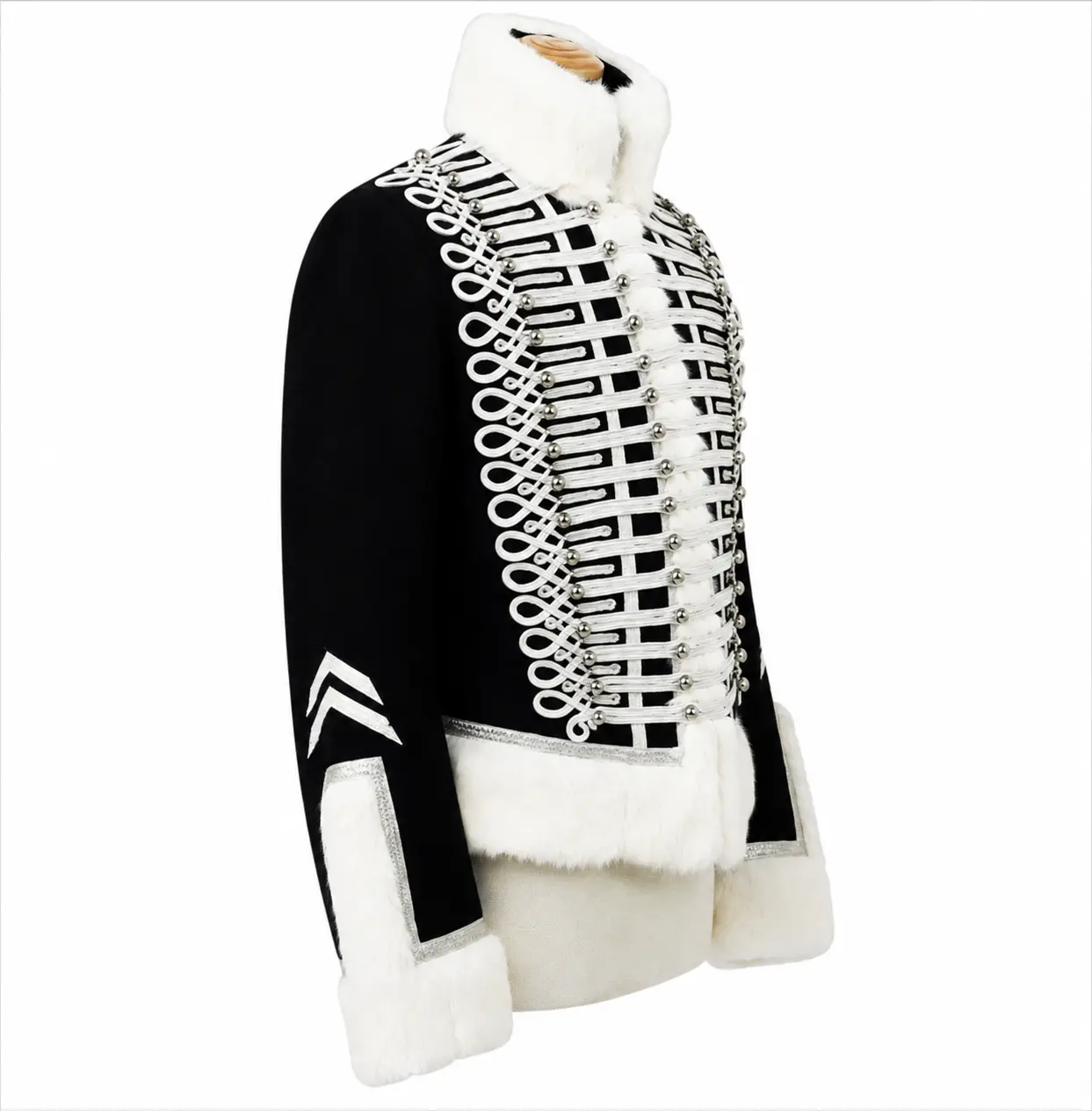 Side view of 7th Light Dragoon Hussar Pelisse, black Napoleonic cavalry jacket with white fur collar and cuffs