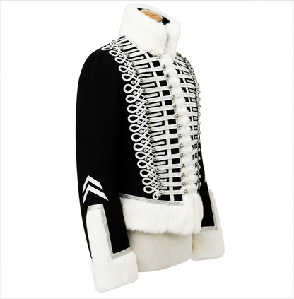 Side view of 7th Light Dragoon Hussar Pelisse, black Napoleonic cavalry jacket with white fur collar and cuffs