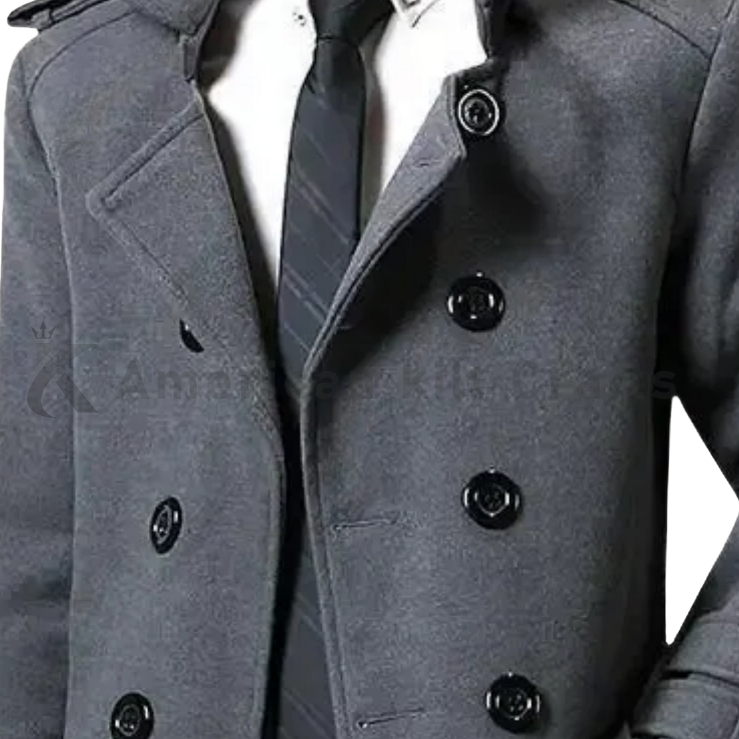 Men's Double-Breasted Grey Wool Blend Overcoat - Lapel Collar Winter Jacket