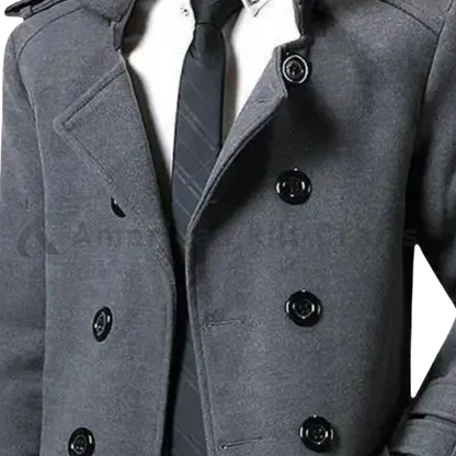 Men's Double-Breasted Grey Wool Blend Overcoat - Lapel Collar Winter Jacket